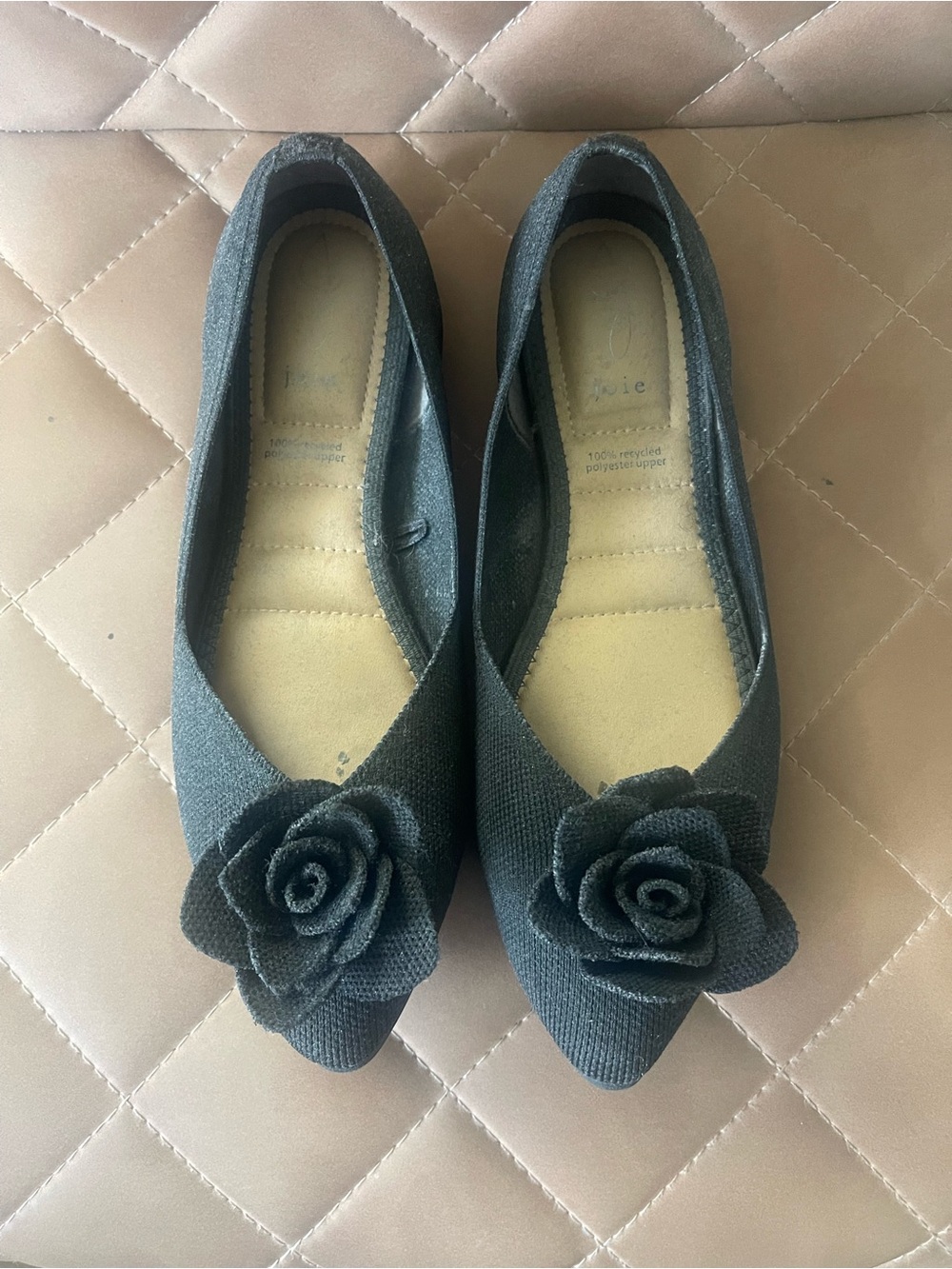 Joie Black Pointed Toe Floral Appliqué Flats